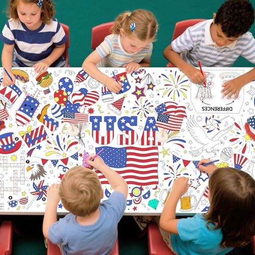 Image of Gatherfun 4th of July Patriotic Coloring Tablecloth 31.5x72 - American Flag-Themed Giant Poster for Independence Day Decor & Activities for Classroom or School Party Table Cover