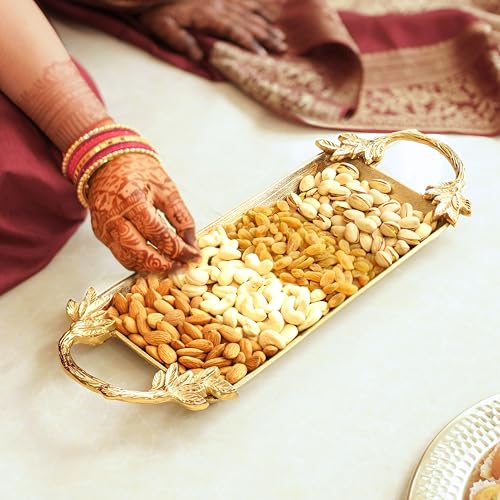 Image of BEHOMA Aluminium Golden Serve Tray with Leaf Handle, 16.7 inch | Golden aluminium serve tray with leaf handle, 16.7 inch; perfect Durga Puja & Navratri serveware.