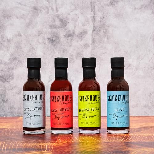 Image of Smokehouse by Thoughtfully, Gourmet BBQ Sauce Sampler Set, Vegan and Vegetarian, Flavors Include Honey Chipotle, Smoky Bourbon, Sweet and Spicy, and Bacon BBQ Sauce, Pack of 4