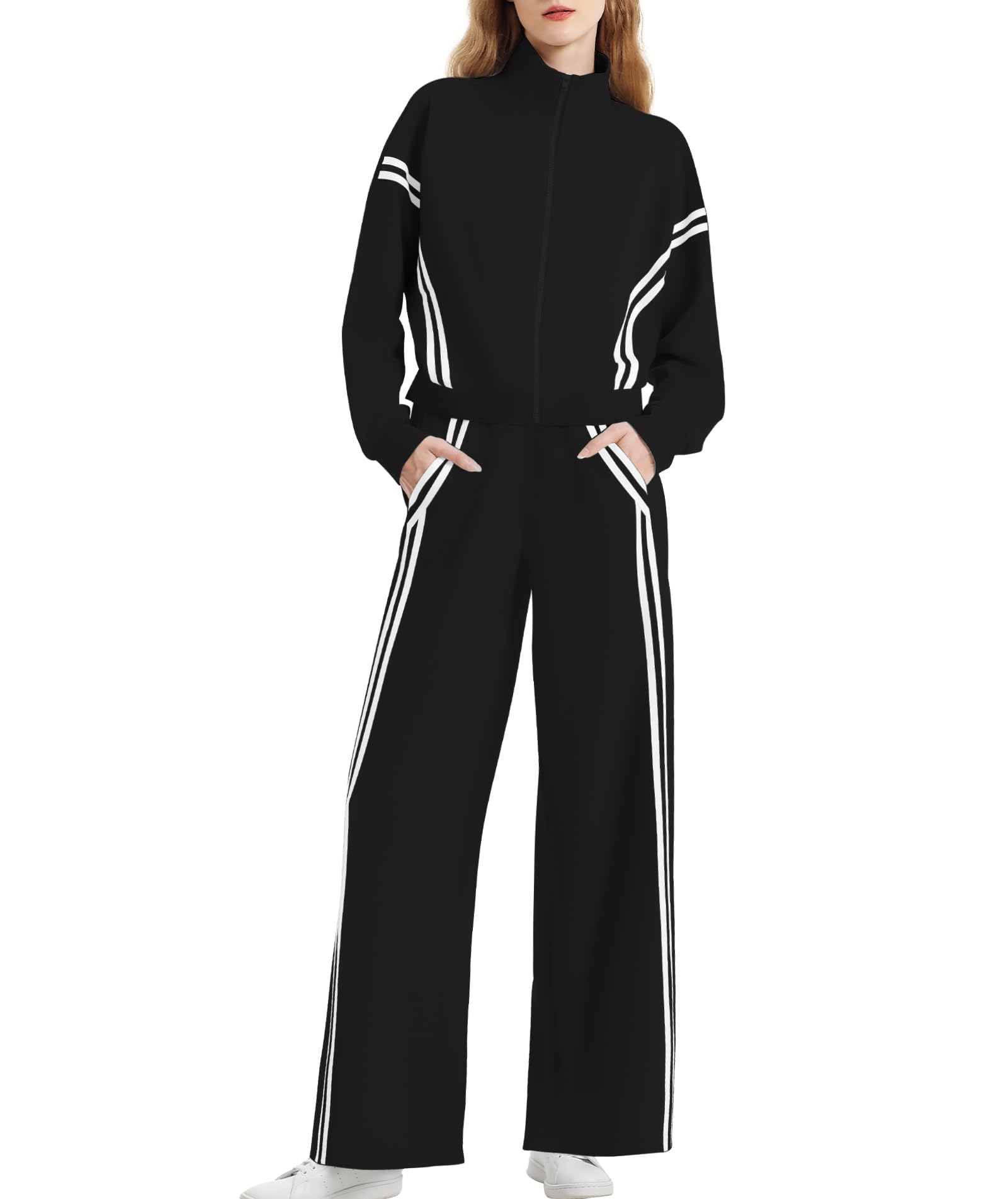 Casly Lamiit Womens 2 Piece Lounge Outfits Zip Up Sweat Set Contrast Striped Wide Leg Jogging Pants Travel