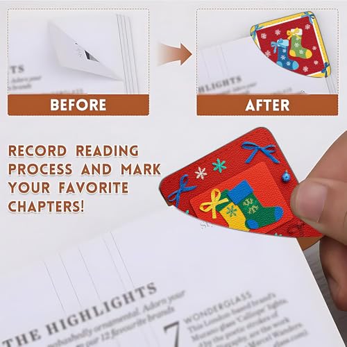 Image of Cute Christmas Stocking Corner Bookmarks 2Pcs, Handmade PU Leather Page Corner Protectors, Winter Holiday Stationary Gift for Book Lovers, Kids, Teachers, Colorful Reading Accessories 3.54 inch