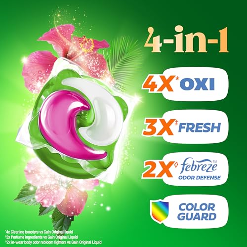 Image of Gain Plus Flings Liquid Washing Detergent Pods, Gain's Best Clean, All-In-One, Happy Hibiscus Scent Laundry Pacs, 45 Count (Packaging May Vary)