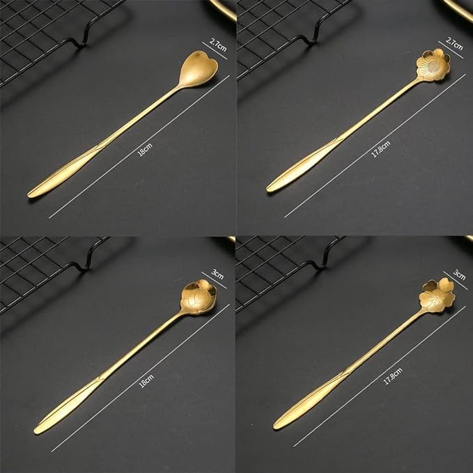 Image of Golden Spoon Set /Coffee Spoon /Dessert Spoons /Cutlery Kitchen Tableware /Stainless Steel Gold Different Shape Coffee Spoons, Set of 4 Pcs,24 Centimeter (Gold)