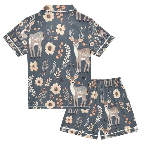 senya Deer with Flowers A Satin Summer Pajama Sets Silk Short Sleeve Button Down Sleepwear2
