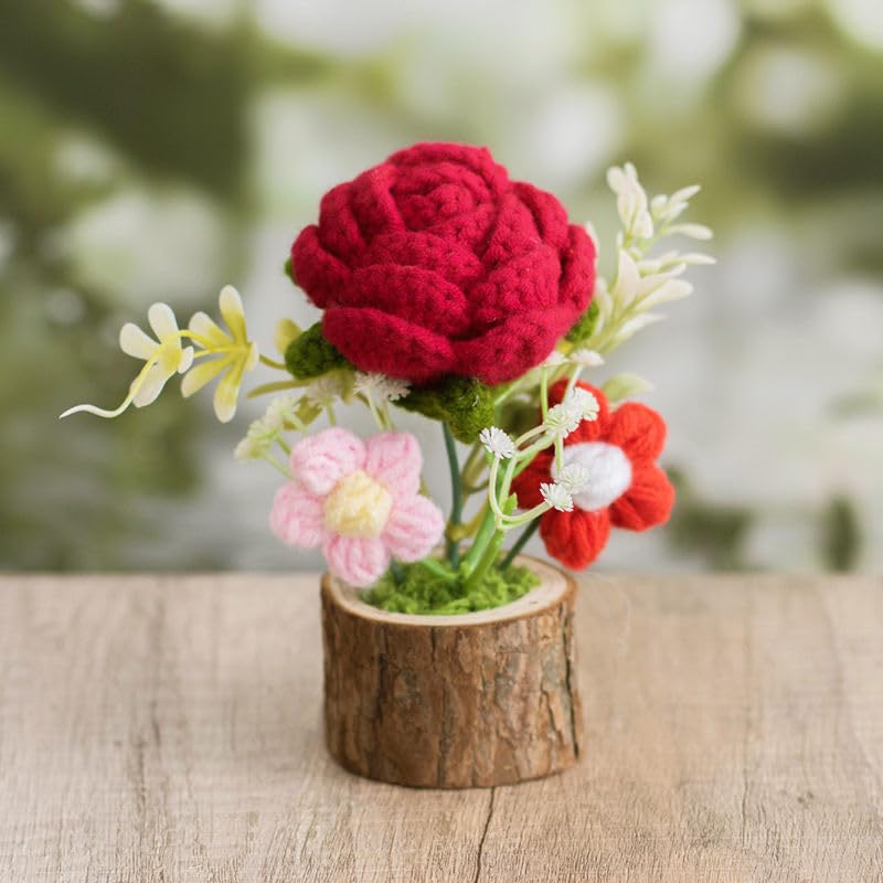 Image of Handmade Crochet Flower with Real Wood Base, 12 cm Pink Red & Green Artificial Knitted Rose Bouquet for Home Office Table Shelf Desk Decor, Bedroom Living Room Gift Decoration