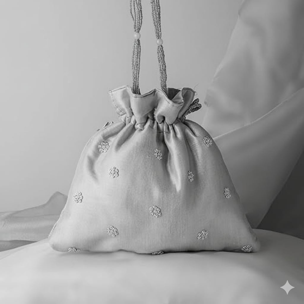 Amayra Luxe Zardozi Sequin Flower Embroidered Satin Potli Bag | Drawstring Purse for Women | Wedding, Evening & Cocktail Wear 1