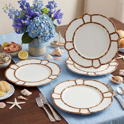 Purpeak 4 Pcs Ceramics Bamboo Touch Dinner Plate 11 Inch Bamboo Touch Accent Plate Reusable Tableware for Home Salad Indoor Outdoor Dining Kitchen, Dishwasher Safe(Brown) by Purpeak - Used condition - Image 5