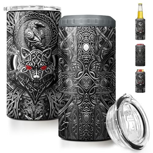 Image of SANDJEST Wolf Tumbler Raven Viking 4 in 1 12oz Tumbler Can Cooler Coozie Skinny Stainless Steel Tumbler Gift for Men Dad Son Father Husband Christmas Birthday