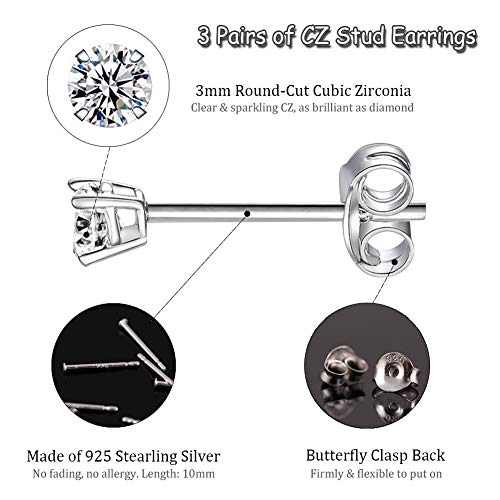 EPIRORA Sterling Silver Stud Earrings for Women Men- 3 Pairs 3mm Tiny Ball Stud Earrings Round CZ Earrings Pearl Earrings Set Cartilage Small Tragus Earrings2