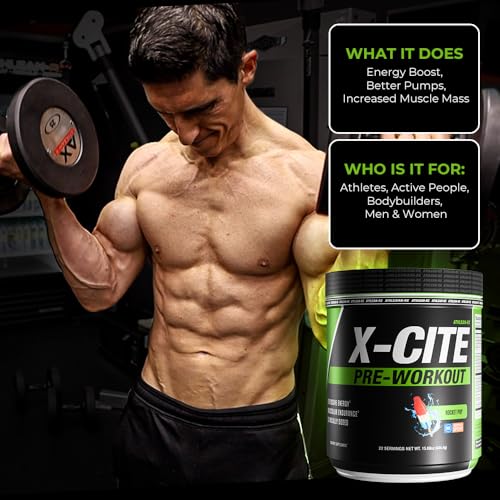 Image of X-CITE Pre-Workout by ATHLEAN-X - Enhanced Formula with Beta-Alanine, Creatine & Caffeine for Ultimate Energy, Endurance, Focus & Muscle Pump, NSF Certified for Sports (Rocket Pop)