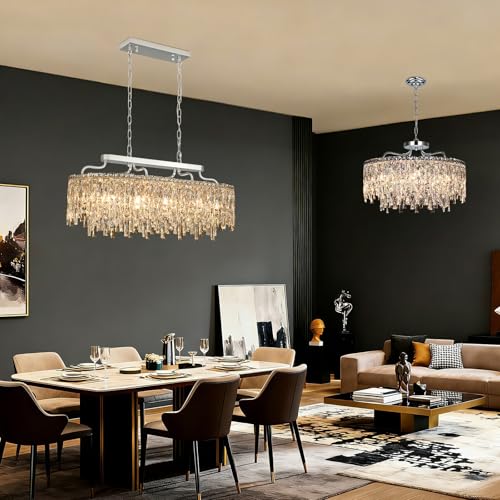 Image of 12-Lights Chrome Oval Crystal Chandeliers for Dining Room 36 inch