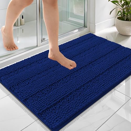 Image of OLANLY Thick Bathroom Rugs 36x24, Extra Soft Absorbent Chenille Striped Bath Rugs, Rubber Backing, Machine Wash Dry, Bath Mats for Bathroom Floor, Tub and Shower, Home Decor Accessories, Navy