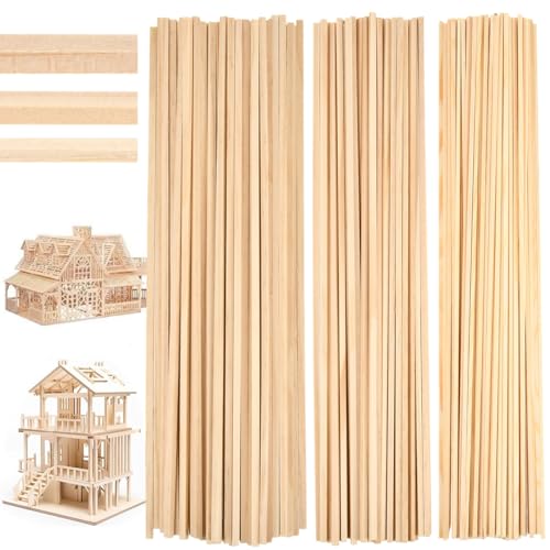 BATINO 180Pcs Listones de Madera, Palos Cuadrados Madera 2,3,4 mm Palitos de Mader, 30cm de Longitud, Varillas Mader de Balsa para Manualidades Bricolaje Modelismo Decorar