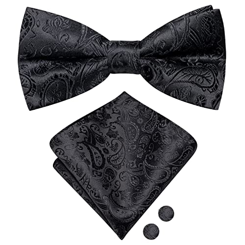 Image of Hi-Tie Bow Ties for Men Pre-Tied Pocket Square with Cufflinks Mens Bowtie Sets for Wedding Formal Party