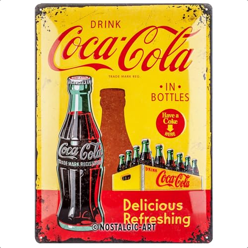 Nostalgic-Art Coca Cola In Bottles Yellow Placa Decorativa, Metal, Amarillo y Rojo, 30 x 40 cm