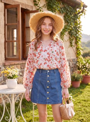 Image of blibean Girls Flower Bell Long Sleeve Blouse Fall Floral Shirts 4-15 Years