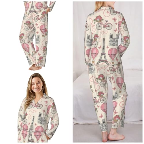 Image of Women'S Long Sleeve Pajama Set Soft Loungewear Button-Down Top & Elastic Waist Pants S- 2XL