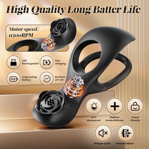 Image of Vibrating Cock Ring, SHEYAY Penis Ring for Couples Remote Control Game, Adult Sex Toy Rose Tool Dual Ring for Men Testicle Women Clitoral Stimulator with 2 Motors & 7 Vibrations, Adult Toys & Games