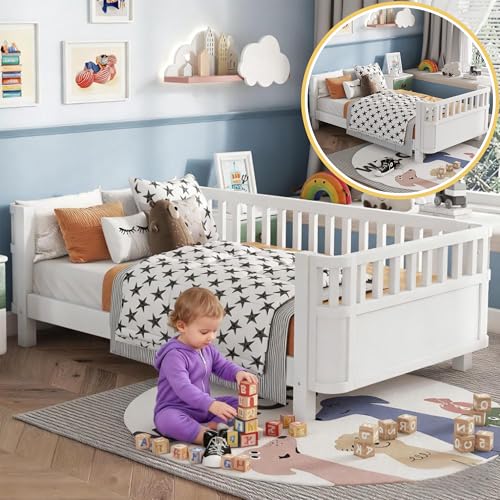 Twin Size Montessori Bed with Guardrails, Wood Kids Bed Frame with Slats Support, Low to Ground...
