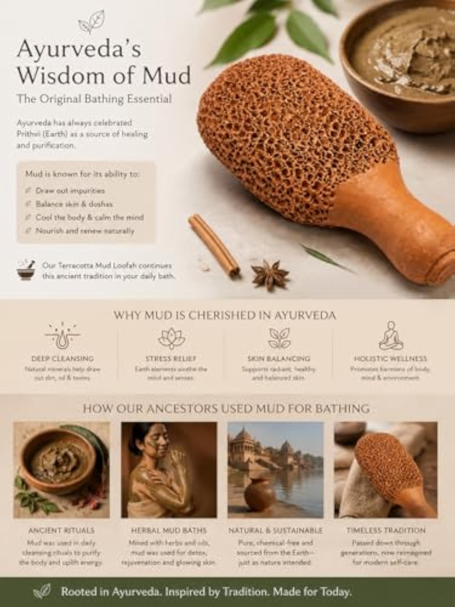 Terracotta Mud Loofah with Handle, Natural Exfoliating Scrubber