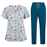 Yodilala Printed Scrubs for Women Nurse uniforms Medical Proffesional V Neck Short Sleeve Stretch Nursing Scrubs Set Uniform Suitable for veterinarians, animal hospitals, beauticians(Gray Elephant XL)