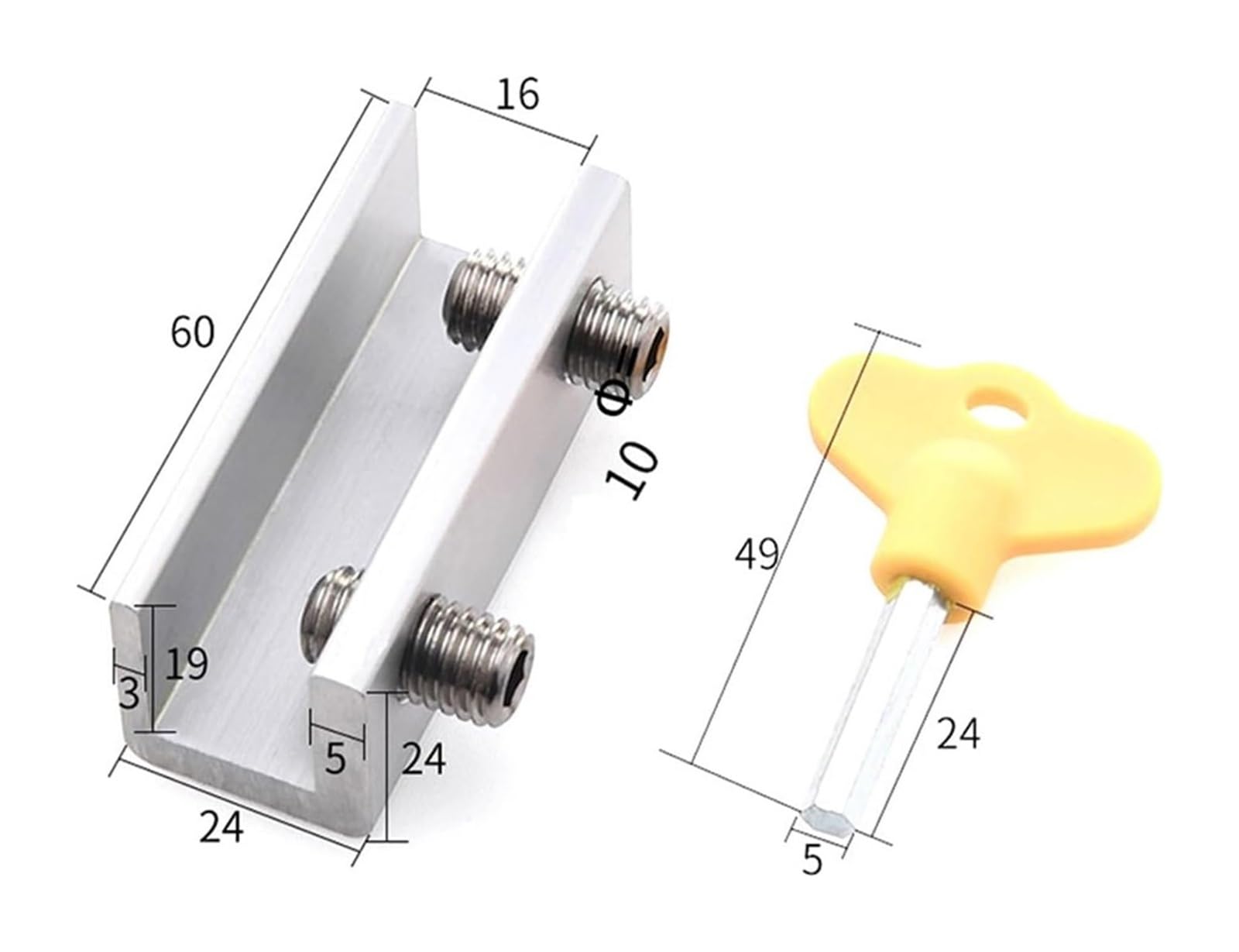 Butée de fenêtre, Serrure de porte/fenêtre en aluminium avec clé argentée