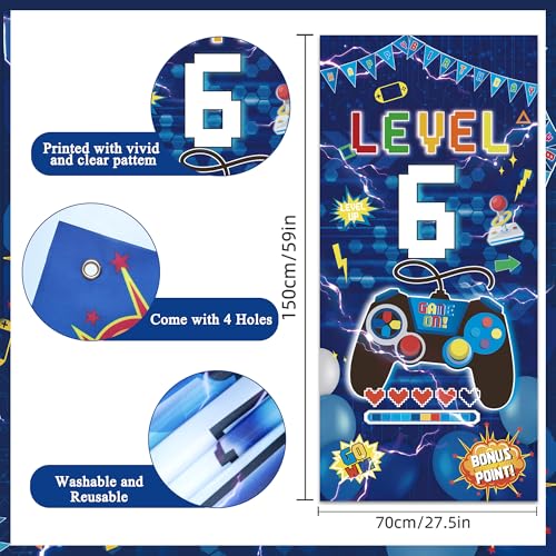 Image of Vlipoeasn Blue 6th Birthday Decorations for Boys, Video Game Level 6 Banner Backdrop Hanging Swirls for 6th Birthday Party, Gamer 6 Years Old Party Supplies