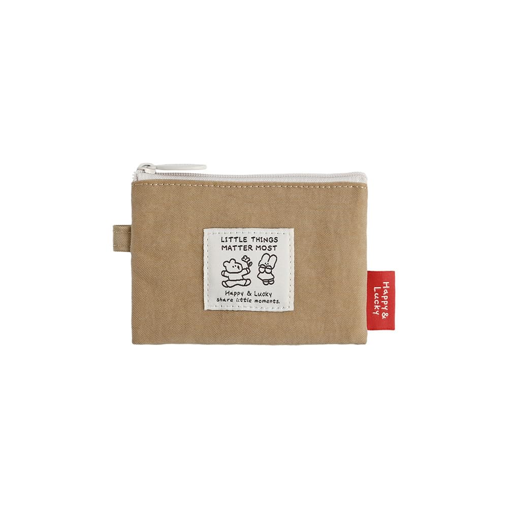 Monolike Happy and Lucky Card Case, Beige - Small Nylon Pouch, Portable Keychain Coin Purse, Waterproof Card Sleeve, Compact Daily Organizer Case