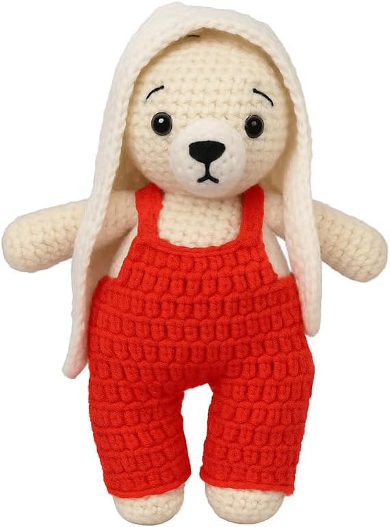 Sutra Handmade Crochet Bear Toy – Amigurumi Teddy in Red Dungarees with Cream Hair, Soft Stuffed Plush Animal