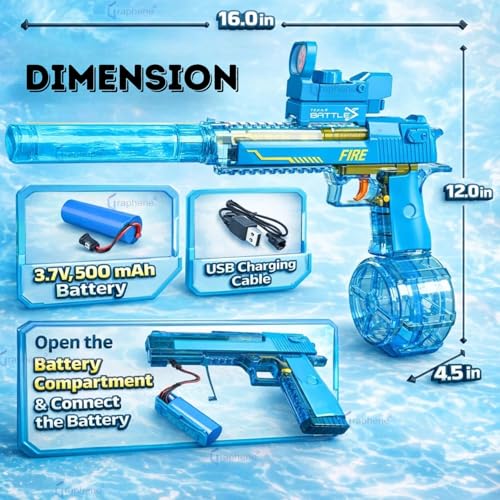 Image of GRAPHENE Automatic Electric Water Gun Toy Holi Pichkari with 2 Rechargeable Battery High Pressure Muzzle Flash Fire Cap 32FT Long-Range Blaster Squirt Watergun for Kids Boy Girl Adult Pool Summer Fun