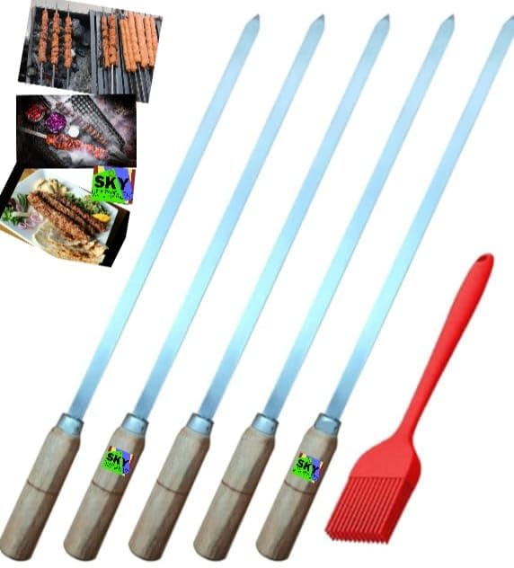 Stainless Steel Flat Kabab Sticks | Barbeque Skewers | BBQ Skewers Set | Grill Skewers | BBQ Sticks Patti/Metal Grilling Skewer | Wooden Handle for Making Kabob Heavy Gauge, 21 inch Turkish Skewers, Perfect for Koobideh Kebab, Turkish Style and paneer tikka BBQ with one -BRUSH - FREE - (pack of 8pcs)-image-27