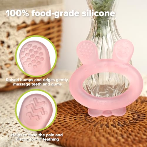 Image of Haakaa Silicone Baby Teether - Rabbit Ear Frozen Teething Toy for Babies 3-6 Months- Cold Teething Relief - BPA Free Silicone-Pink