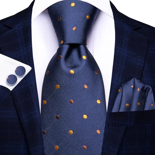Image of Dubulle Mens Blue Orange Dots Tie and Lapel Pin Striped Floral Necktie for Men Pocket Square Cufflinks Wedding Party