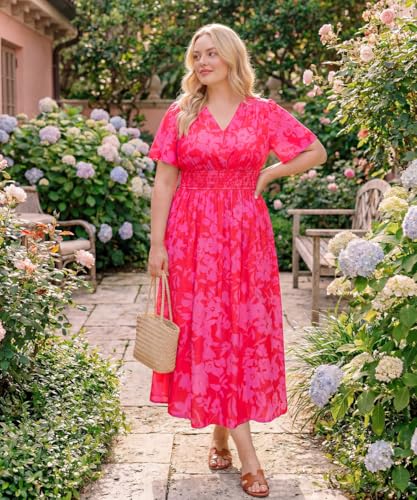 Image of CARCOS Plus Size Dresses for Curvy Women V Neck Summer Maxi Dress Short Sleeve Floral Boho Dress Smocked Waist Beach Dress