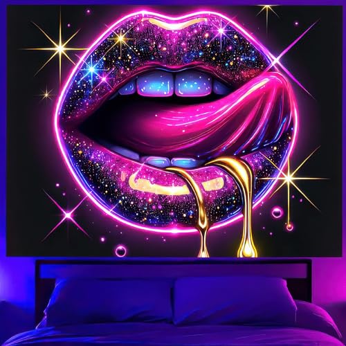 Image of BlissYard Black Light Tapestry Lip Tapestry Glowing 78x59 Inch Home Living Room Bedroom Party Decor Photo Shoot Props Bedroom Neon Wallpaper Poster for University Dormitory