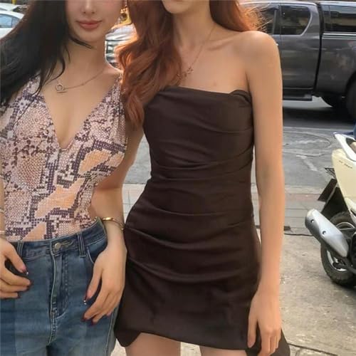Robe Plissée Bustier à Taille pour Affiner la Silhouette Marron