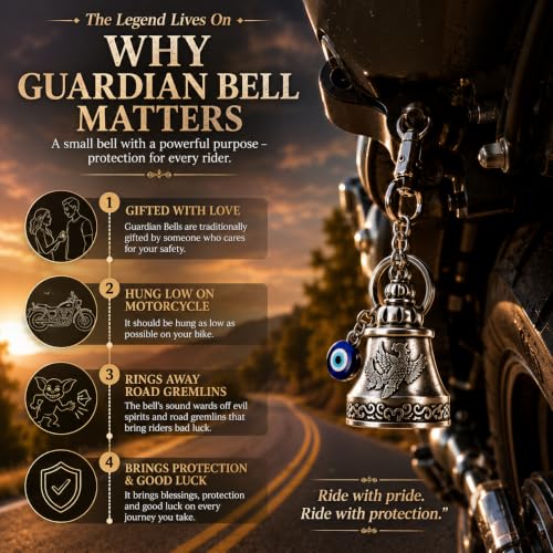 Image of TrollGadgets Premium Guardian Bell Keychain for Bike & Car | Tibetan Texture Bell Keychain with Evil Eye & Silver Hook | Good Luck Charm with Laser-Engraved Box And Potley