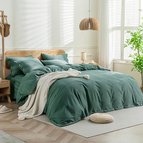 Image of JELLYMONI Cotton Duvet Cover King Size - Dark Green Comforter Cover with Button 100% Washed Cotton 3PCS Breathable Soft Solid Bedding Set Duvet Cover 104x90in & 2 Pillowcases (NO Comforter)