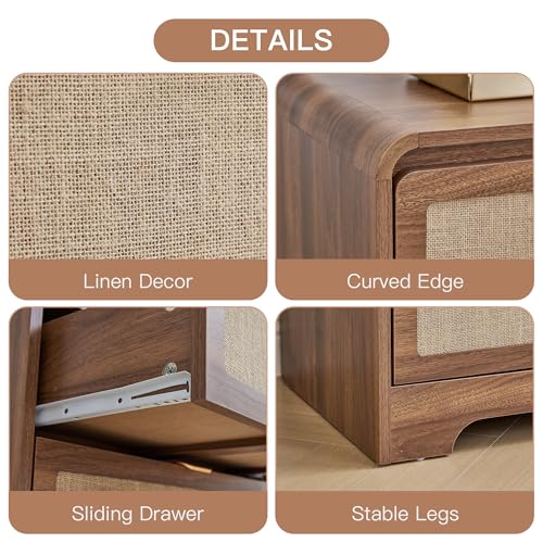 Image of 48 inch Modern 6 Drawer Dresser for Kids Bedroom, Mid Century Wooden Dresser Chest of Drawers with Natural Linen, Curved Profile Closet Clothes Storage Organizer for Living Room, Nursery,Walnut