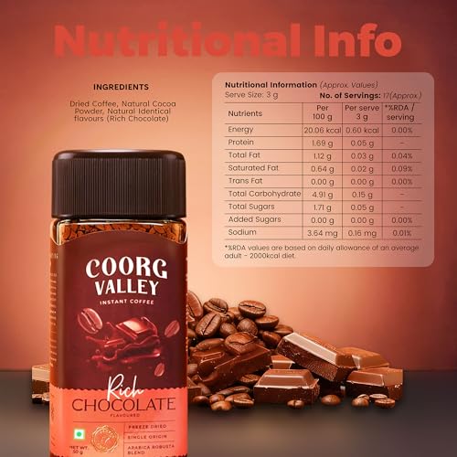 Image of Coorg Valley Rich Chocolate Instant Coffee 50g | Chocolate Flavoured Coffee | Premium Blend of Robusta & Arabica | Freeze Dried | Bold & Strong Flavor