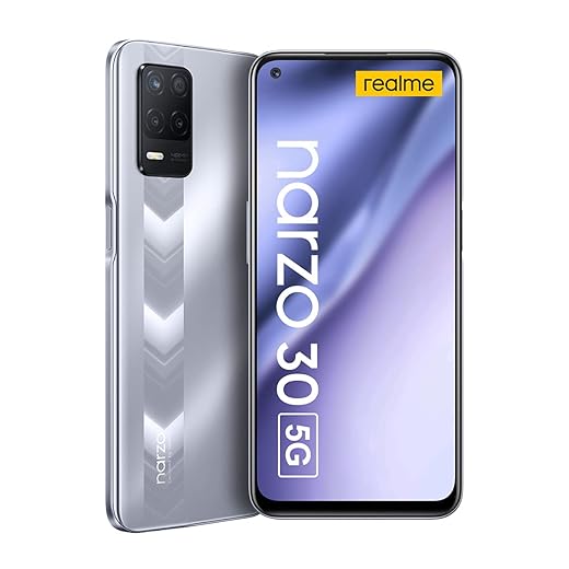 Realme Narzo 30 5G Smartphone 6.5” Fluid Display 90Hz Grande Batteria 5000mAh RAM 4GB ROM 128GB Espandibile Storage 48MP AI Triple Camera Dual SIM NFC Android 11 (Argento)