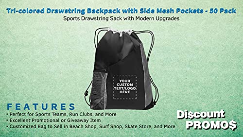 DISCOUNT PROMOS 50 Side Mesh Pockets Drawstring Backpacks Set - Customizable Text, Logo - Tri Color, Front Pocket, Side Mesh - Black2