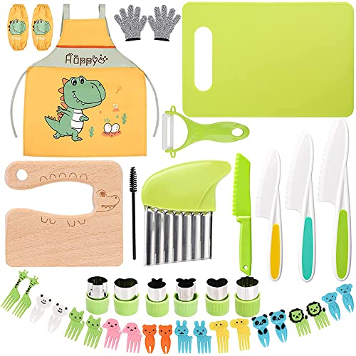 Image of 40 PCS Kids Kitchen Knife Set, Crocodile Wood Safe Fruit Knife, Plastic Crinkle Toddler Knifes for Real Cooking, Y Peeler Cutting Board Children Gloves Cartoon Sleeves Apron Biscuit Molds Fruit Forks