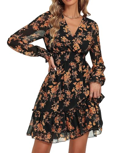 Image of Prettywear Wedding Guest Dresses for Women 2025 Spring Summer Fall Floral Chiffon Wrap Neck Flowy Mini Long Sleeve Dress