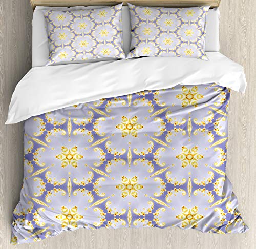 ABAKUHAUS FractalFunda Nórdica, Étnico Boho Flores, 2 Fundas para Almohada Set Decorativo de 3 Piezas, 220 X 220 cm, Lila Pálido Amarillo