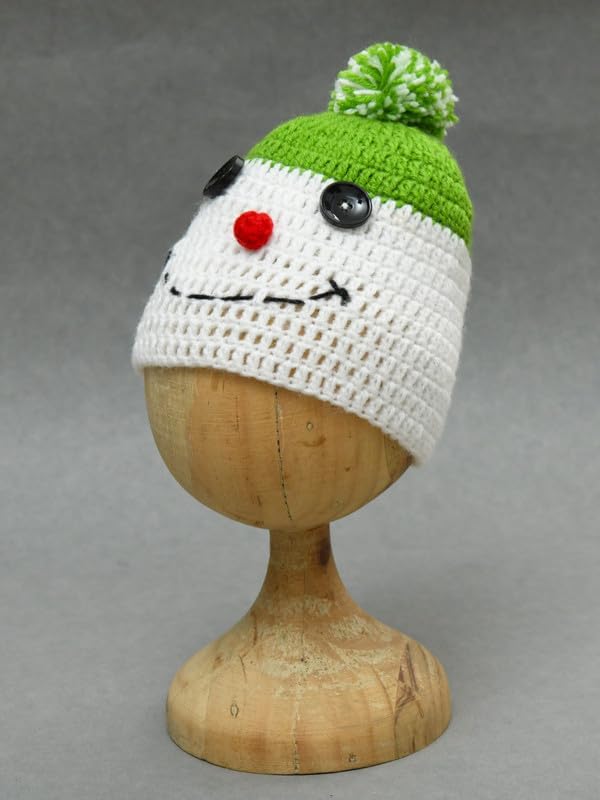 Image of Handmade Knitted Self Design Woolen Beanie Cap for Kids - White & Red 6-12 M | Winter Cap for Baby | FUNCAP56-6-12 M