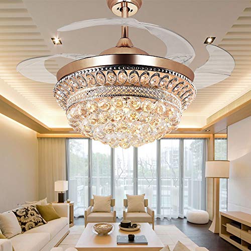 Lighting Groups 42 Inch Mute Crystal Light Fixtures Reversible Ceiling Fan Remote Control Ceiling Fan Light With 4 Clear Retractable Blades Bedroom Living Room Invisible LED Chandelier Fan (Gold)
