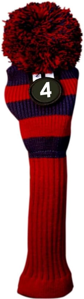 Majek #3 & #4 Hybrid Combo Pack Rescue Utility Red & Blue Golf Headcover Knit Pom Pom Retro Classic Vintage Head Cover