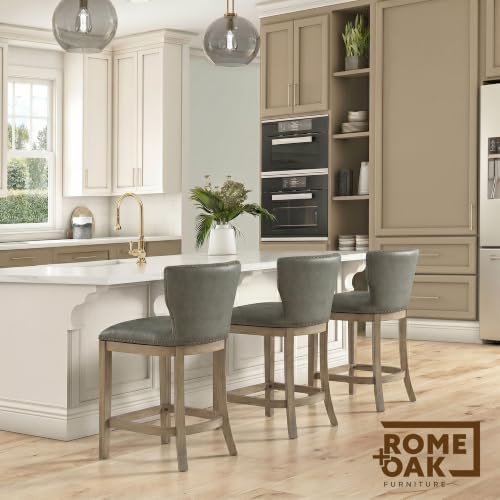Image of ROME + OAK Carlynd 26 inch Counter Stool, Low Back Swivel Kitchen Barstool in Reclaimed Oak Finish with Grey Stone Vegan Leather Upholstered Seat