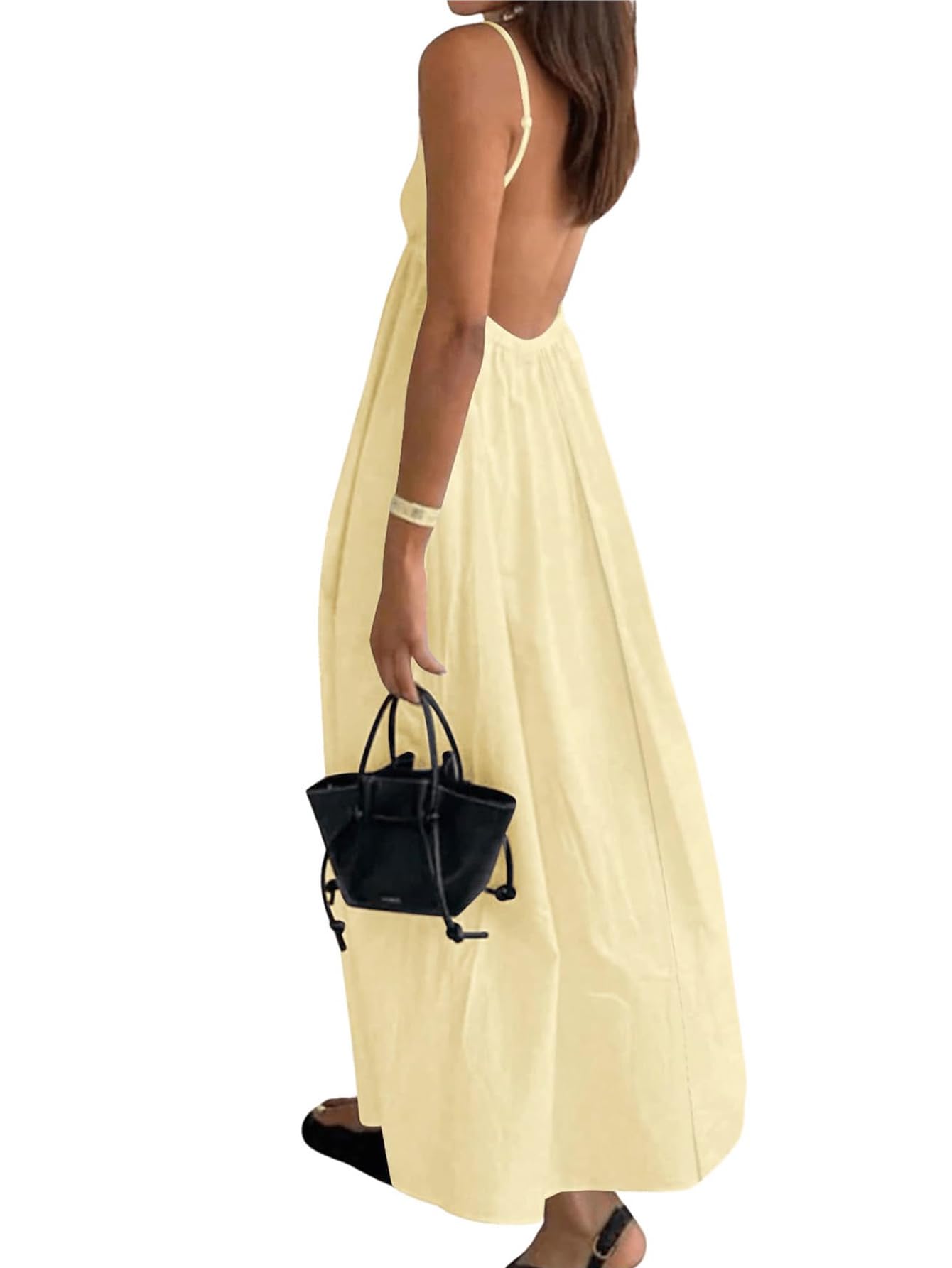 Womens Dress V Neck Backless Spaghetti Strap Maxi Dress for Women Flowy Boho Casual Sundress